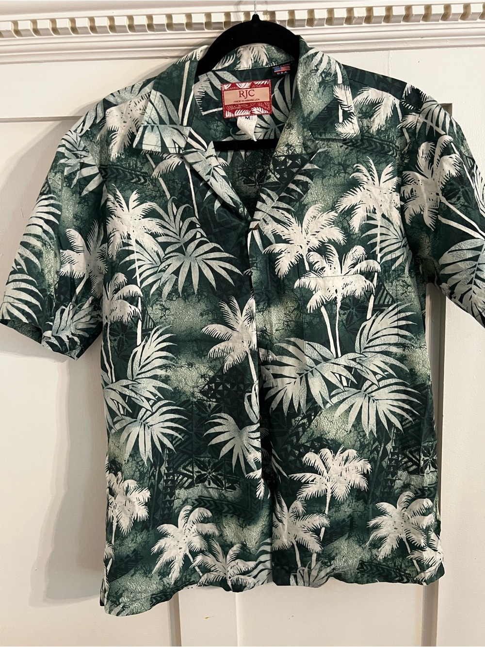 Vintage RJC Men's Hawaiian Shirt Green Palm Tree Print M Made in Hawaii